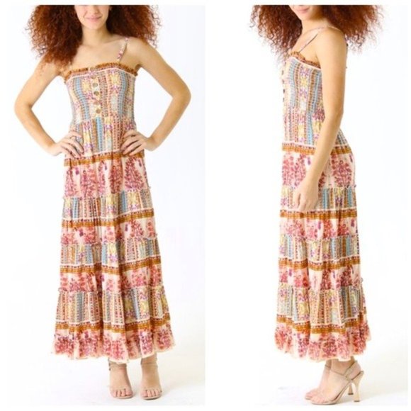 Multi-Color Floral Smocked Tiered Boho Maxi Dress - Picture 4 of 5
